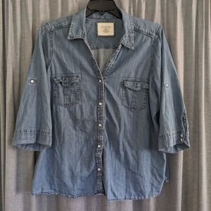Sonoma Top Women's 2X Chambray Button Up Roll Tab Sleeve 100% Cotton Fall Casual